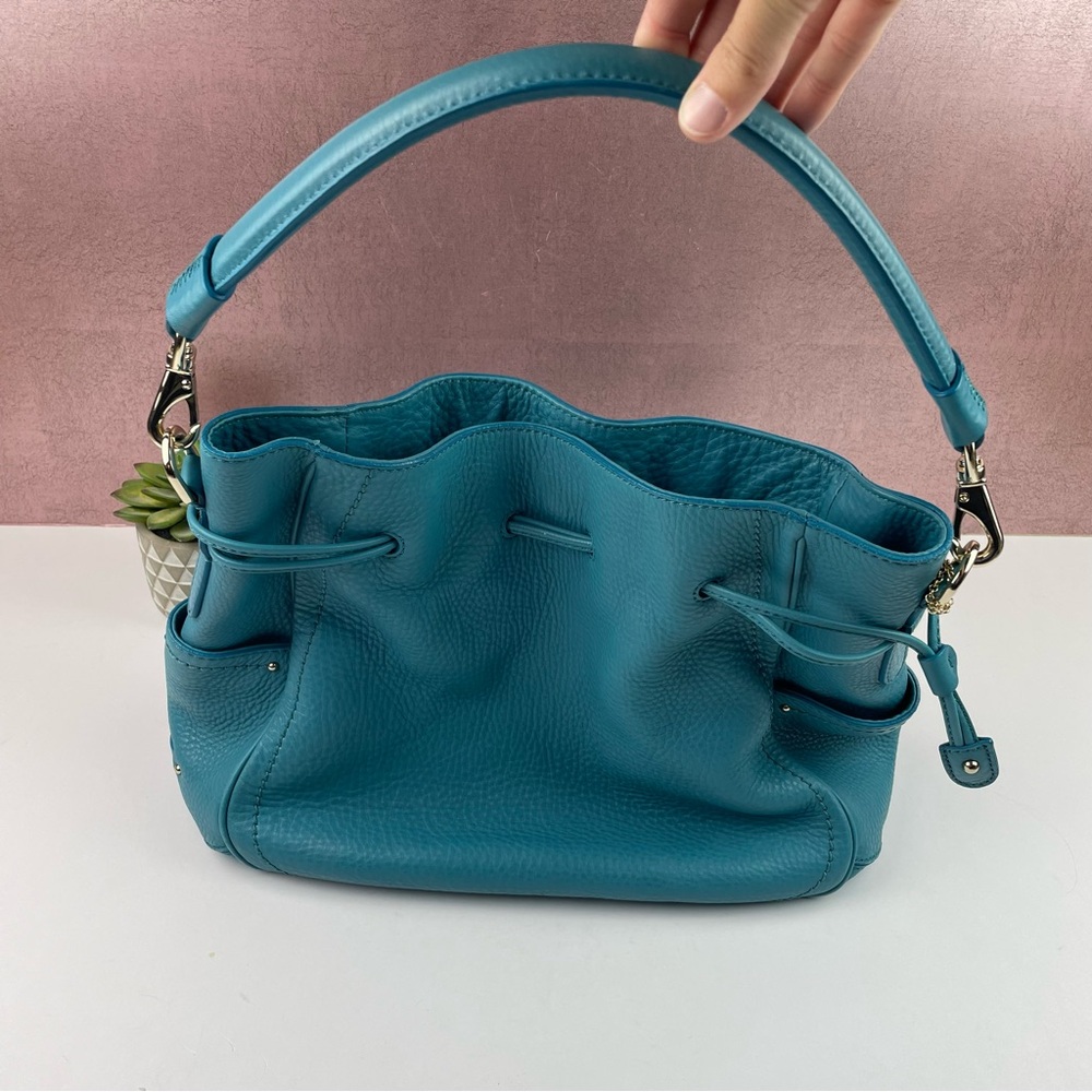 Cole Haan Teal Blue Leather Gold Buckle Purse Handbag Bag Women Designer - Picture 3 of 11